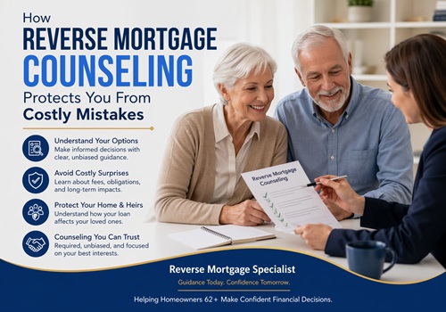 Two seniors meet with a counselor, reviewing a brochure titled 'Reverse Mortgage Counseling' to avoid costly mistakes.