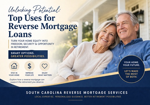 Ad banner for South Carolina reverse mortgage services featuring an older couple on a porch; headline reads 'Top Uses for Reverse Mortgage Loans' with the tagline 'Your home. Your future.' and blue-gold design
