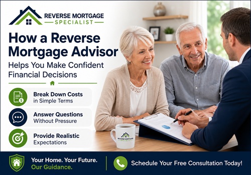 Banner promoting reverse mortgage guidance: seniors meet with an advisor; highlights break down costs, answer questions, and provide realistic expectations.