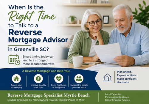 Elderly couple reading a document at a table, in an ad about reverse mortgage advice in Greenville, SC.