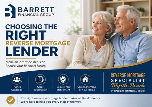 Barrett Financial Group banner with an smiling elderly couple and the headline 'Choosing the Right Reverse Mortgage Lender'.